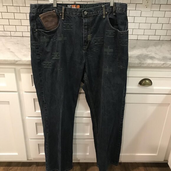 Akademiks Jeans Mens 40 Blue Embroidered Native Warriors Leather Carpenter Y2K - Picture 1 of 13